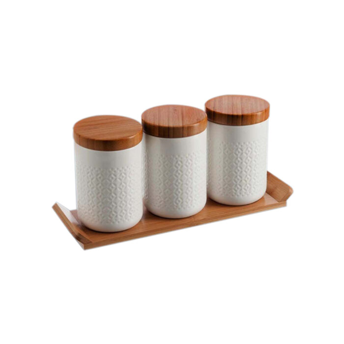 3 Pc Porcelain Canister Set/Wodden Stand